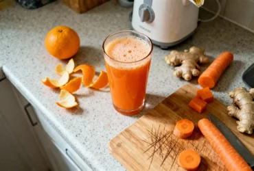 Verre de jus naturel orange carotte gingembre avec épluchures d'agrumes et racine de gingembre frais sur planche en bois