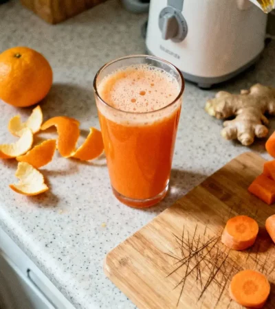 Verre de jus naturel orange carotte gingembre avec épluchures d'agrumes et racine de gingembre frais sur planche en bois