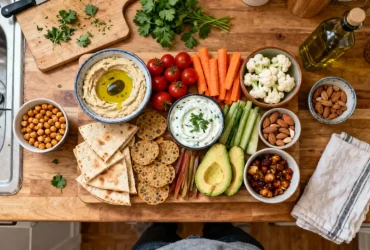 Planche végétale colorée avec hummus, légumes frais, avocat, pain pita, légumineuses et dips sur planche en bois