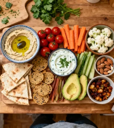 Planche végétale colorée avec hummus, légumes frais, avocat, pain pita, légumineuses et dips sur planche en bois