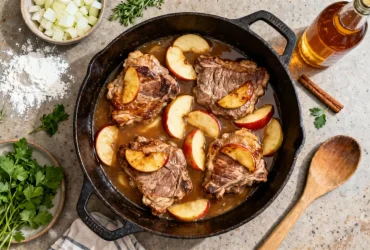 Casserole en fonte avec porc aux pommes braisées, pommes caramélisées et sauce au cidre, vue plongeante