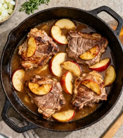 Casserole en fonte avec porc aux pommes braisées, pommes caramélisées et sauce au cidre, vue plongeante