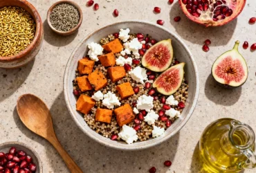 Bol en céramique rempli de quinoa, patates douces rôties, feta, figues fraîches et graines de grenade sur un plan de travail de cuisine