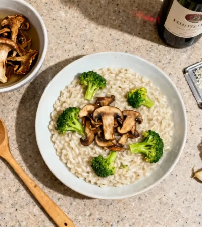 Risotto crémeux aux cèpes avec brocoli et parmesan sur plan de travail de cuisine, accompagné d'ingrédients comme ail et vin de cuisson