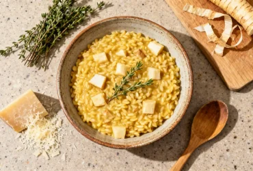 Risotto crémeux au panais et thym dans un bol en céramique, vue plongeante avec parmesan et cuillère en bois