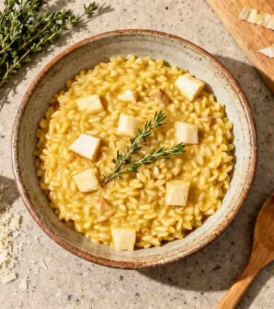 Risotto crémeux au panais et thym dans un bol en céramique, vue plongeante avec parmesan et cuillère en bois