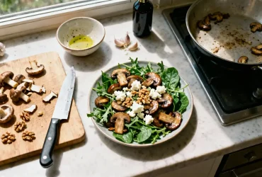 Salade tiède de champignons shiitake et champignons de Paris sur un lit d’épinards et roquette, avec noix concassées et fromage de chèvre émietté