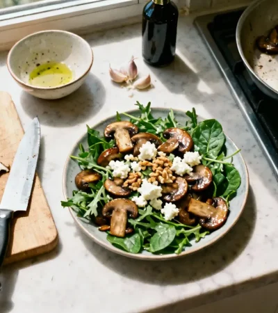 Salade tiède de champignons shiitake et champignons de Paris sur un lit d’épinards et roquette, avec noix concassées et fromage de chèvre émietté