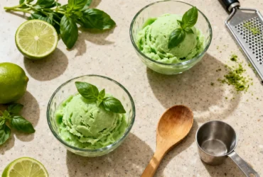 Sorbet citron-basilic vert vif dans des bols en verre, avec feuilles de basilic frais et quartiers de citron sur un plan de travail de cuisine