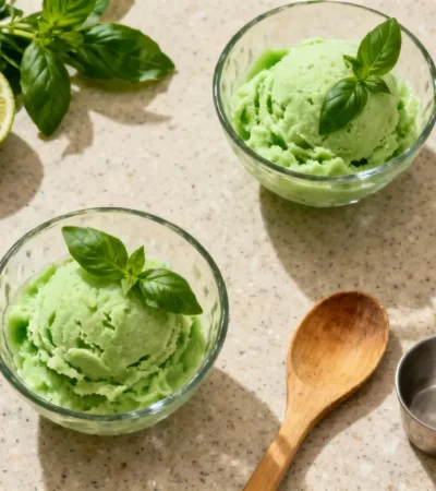 Sorbet citron-basilic vert vif dans des bols en verre, avec feuilles de basilic frais et quartiers de citron sur un plan de travail de cuisine