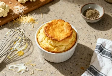 Soufflé chou-fleur bien doré dans un ramequin en céramique blanche, avec des restes de gruyère râpé et un fouet à côté