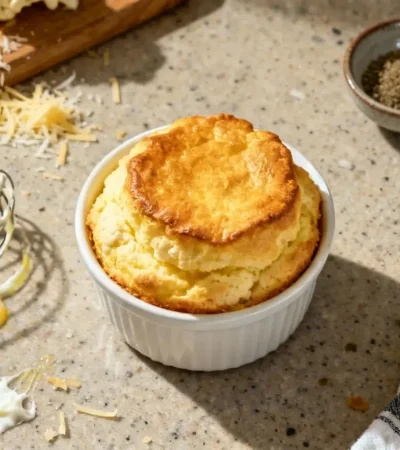 Soufflé chou-fleur bien doré dans un ramequin en céramique blanche, avec des restes de gruyère râpé et un fouet à côté