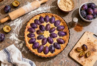 Tarte aux quetsches maison vue du dessus avec plums violettes sur plan de travail, ustensiles de cuisine autour