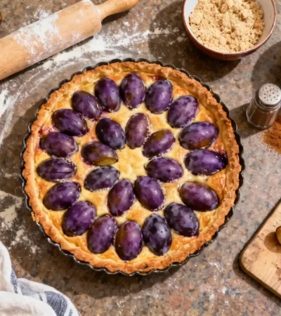 Tarte aux quetsches maison vue du dessus avec plums violettes sur plan de travail, ustensiles de cuisine autour