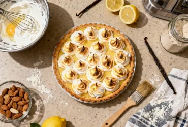 Tarte citron meringuée dorée avec technique anti-détrempe, entourée d'ingrédients comme des citrons et des blancs d'œufs sur un plan de travail de cuisine