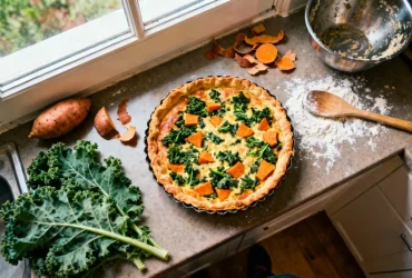 Tarte végétarienne avec kale, fromage de chèvre et morceaux de patate douce sur une croûte dorée, vue en plongée dans une cuisine
