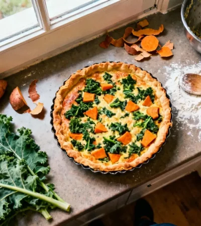 Tarte végétarienne avec kale, fromage de chèvre et morceaux de patate douce sur une croûte dorée, vue en plongée dans une cuisine