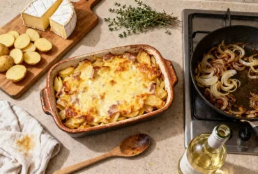 Tartiflette dorée avec Reblochon fondu dans un plat en céramique, entourée d'ingrédients frais sur un plan de travail de cuisine