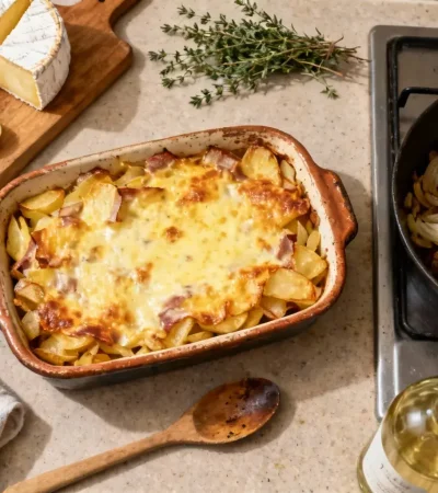 Tartiflette dorée avec Reblochon fondu dans un plat en céramique, entourée d'ingrédients frais sur un plan de travail de cuisine