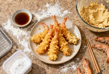 Crevettes tempura dorées avec pâte grumeleuse, accompagnées de sauce tentsuyu, farine et bol de pâte sur un plan de travail