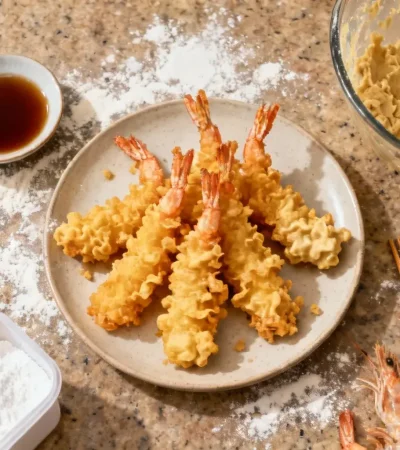 Crevettes tempura dorées avec pâte grumeleuse, accompagnées de sauce tentsuyu, farine et bol de pâte sur un plan de travail