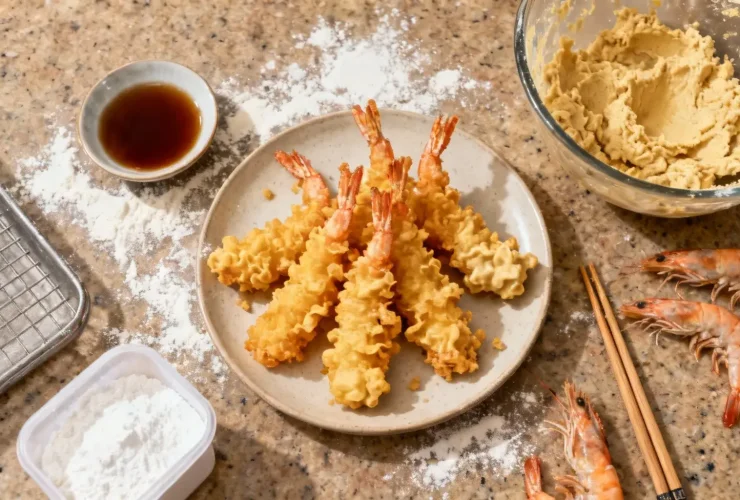 Crevettes tempura dorées avec pâte grumeleuse, accompagnées de sauce tentsuyu, farine et bol de pâte sur un plan de travail