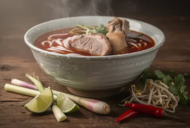 Bun bo Huế fumant avec garnitures fraîches