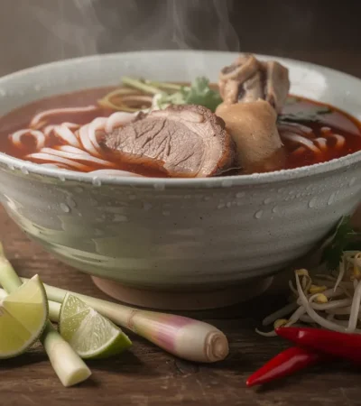 Bun bo Huế fumant avec garnitures fraîches