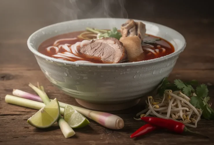 Bun bo Huế fumant avec garnitures fraîches