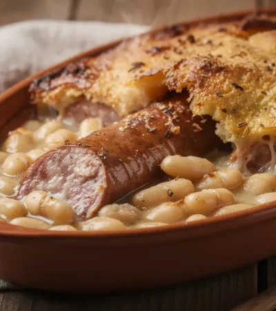 Cassoulet toulousain rustique dans cassole traditionnelle
