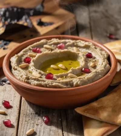 Caviar d'aubergine fumé dans bol en terre cuite