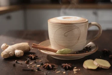 Chai latte chaud dans un mug rustique sur table en bois