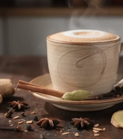 Chai latte chaud dans un mug rustique sur table en bois