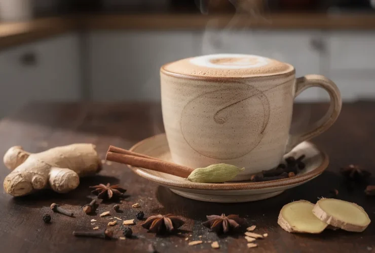 Chai latte chaud dans un mug rustique sur table en bois