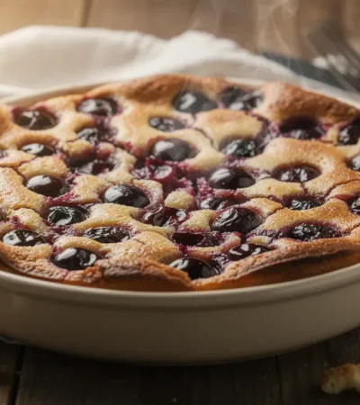 Clafoutis aux cerises rustique tout juste sorti du four