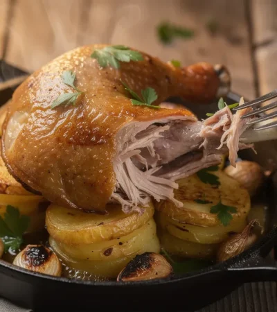 Confit de canard sur pommes sarladaises croustillantes
