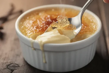 Crème brûlée avec cuillère cassant le caramel