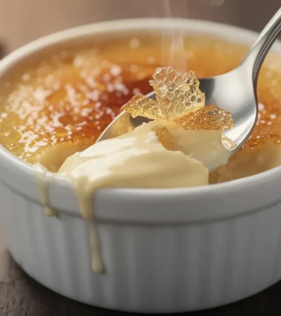 Crème brûlée avec cuillère cassant le caramel