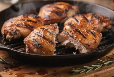 Cuisses de poulet grillées caramélisées sur poêle en fonte