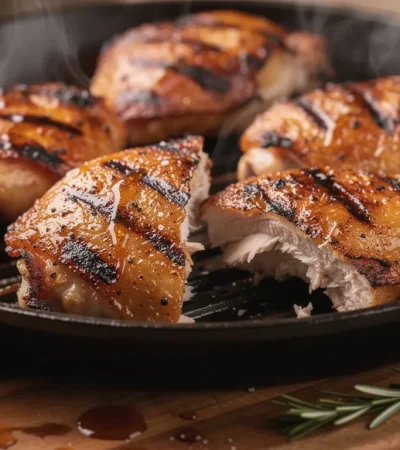 Cuisses de poulet grillées caramélisées sur poêle en fonte