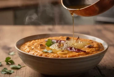 Verser du ghee fumant sur du dal de lentilles rouges