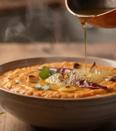 Verser du ghee fumant sur du dal de lentilles rouges