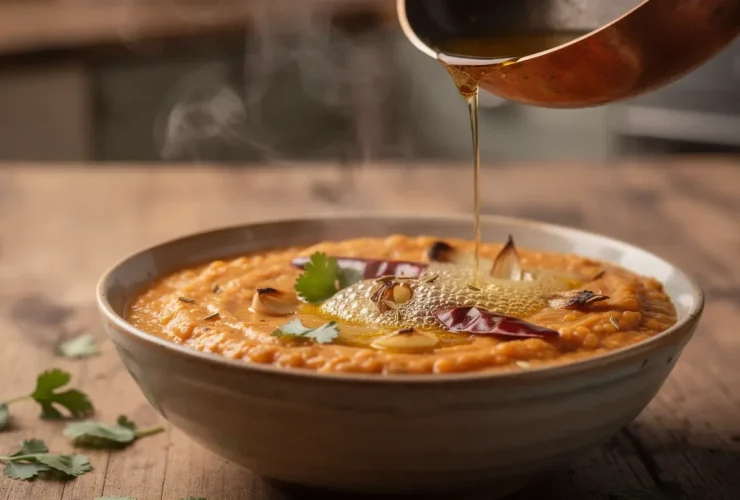 Verser du ghee fumant sur du dal de lentilles rouges