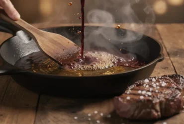 Poêle en fonte avec steak saisi et déglacage au vin