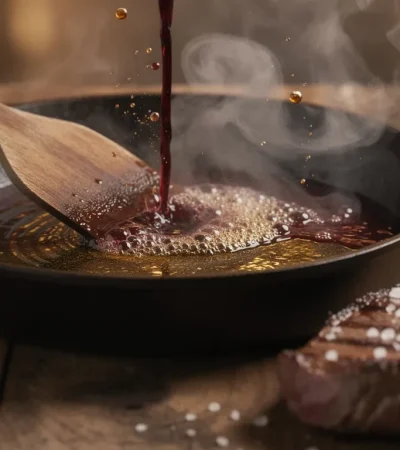 Poêle en fonte avec steak saisi et déglacage au vin