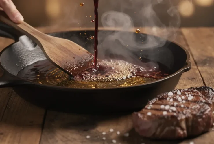 Poêle en fonte avec steak saisi et déglacage au vin