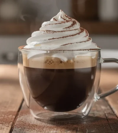 Espresso surmonté de crème fouettée dans mug en verre