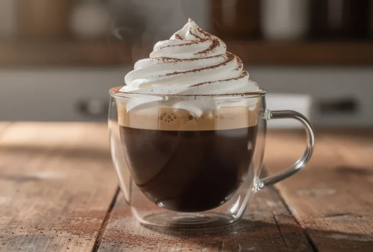 Espresso surmonté de crème fouettée dans mug en verre