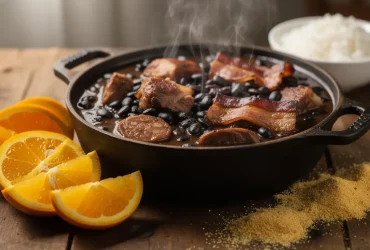 Feijoada brésilienne fumante dans pot en fonte