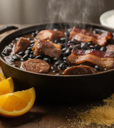Feijoada brésilienne fumante dans pot en fonte